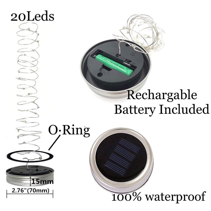 Miaro 8 Pack Mason Jar Lights, 20 LED Solar Pure White Fairy String Lights Lids Insert for Garden Deck Patio Party Wedding Christmas Decorative Lighting Fit for Regular Mouth Jars (Cool White) - Image 2